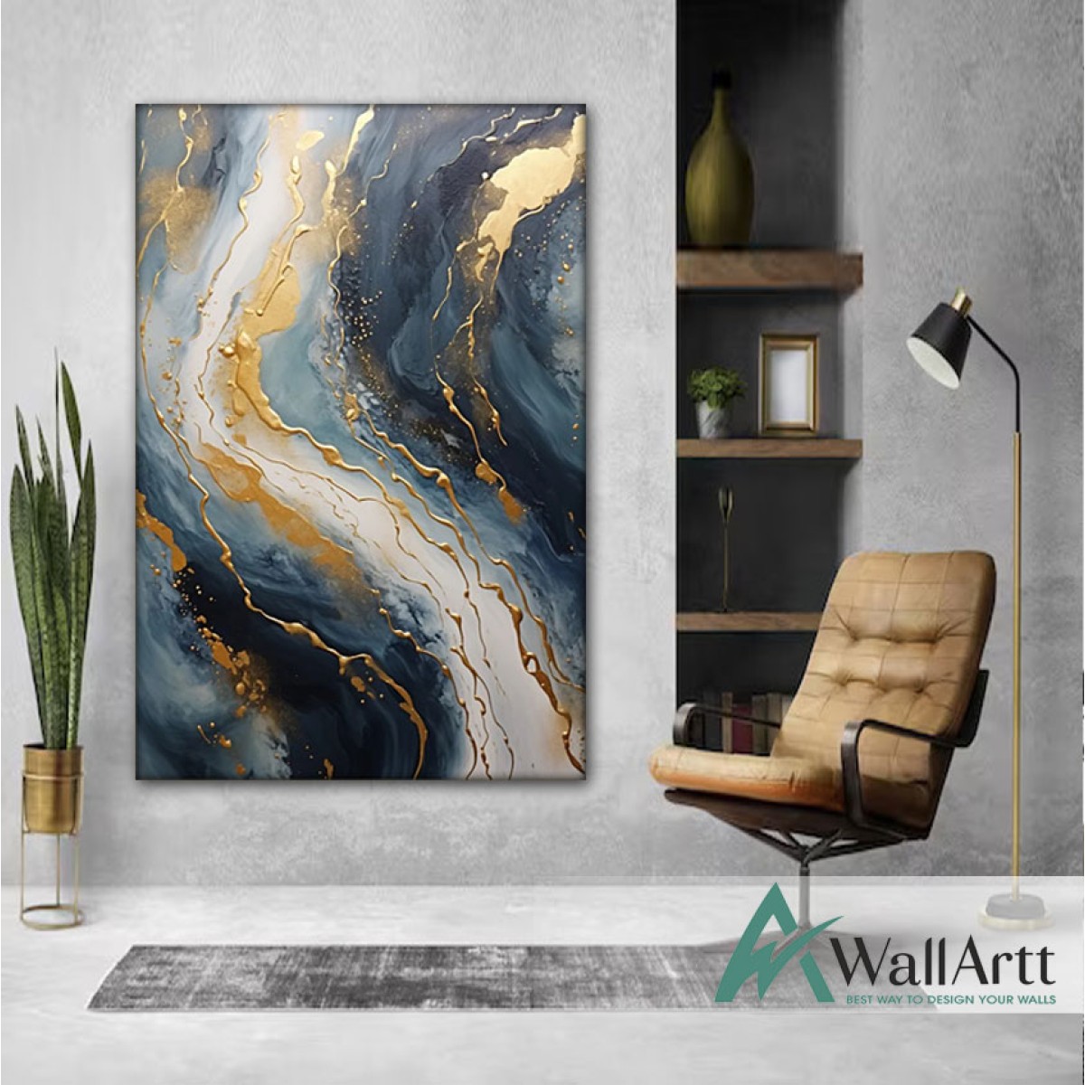 Gold Wave on Navy 3D Heavy Textured Partial Oil Painting